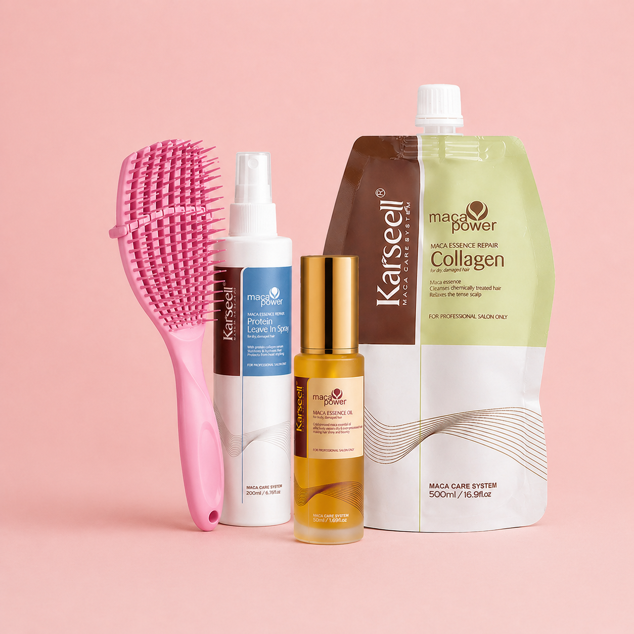 Karseell Maca Power Collagen Hair Treatment Trio Set For Damaged Hair (500ml Bag + 50ml Oil + 200ml Spray)