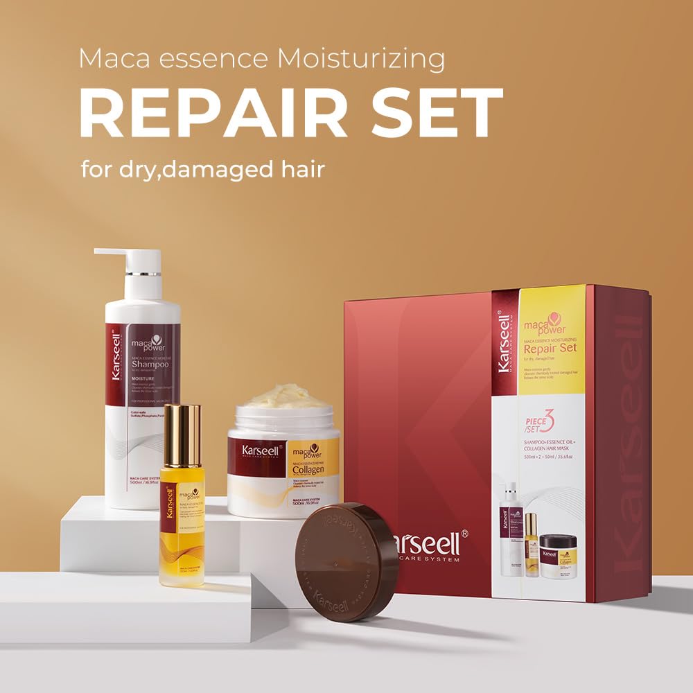 Karseell Maca Power Moisture Shampoo, Collagen Hair Treatment Mask & Essence Oil Repair 3-Piece Set