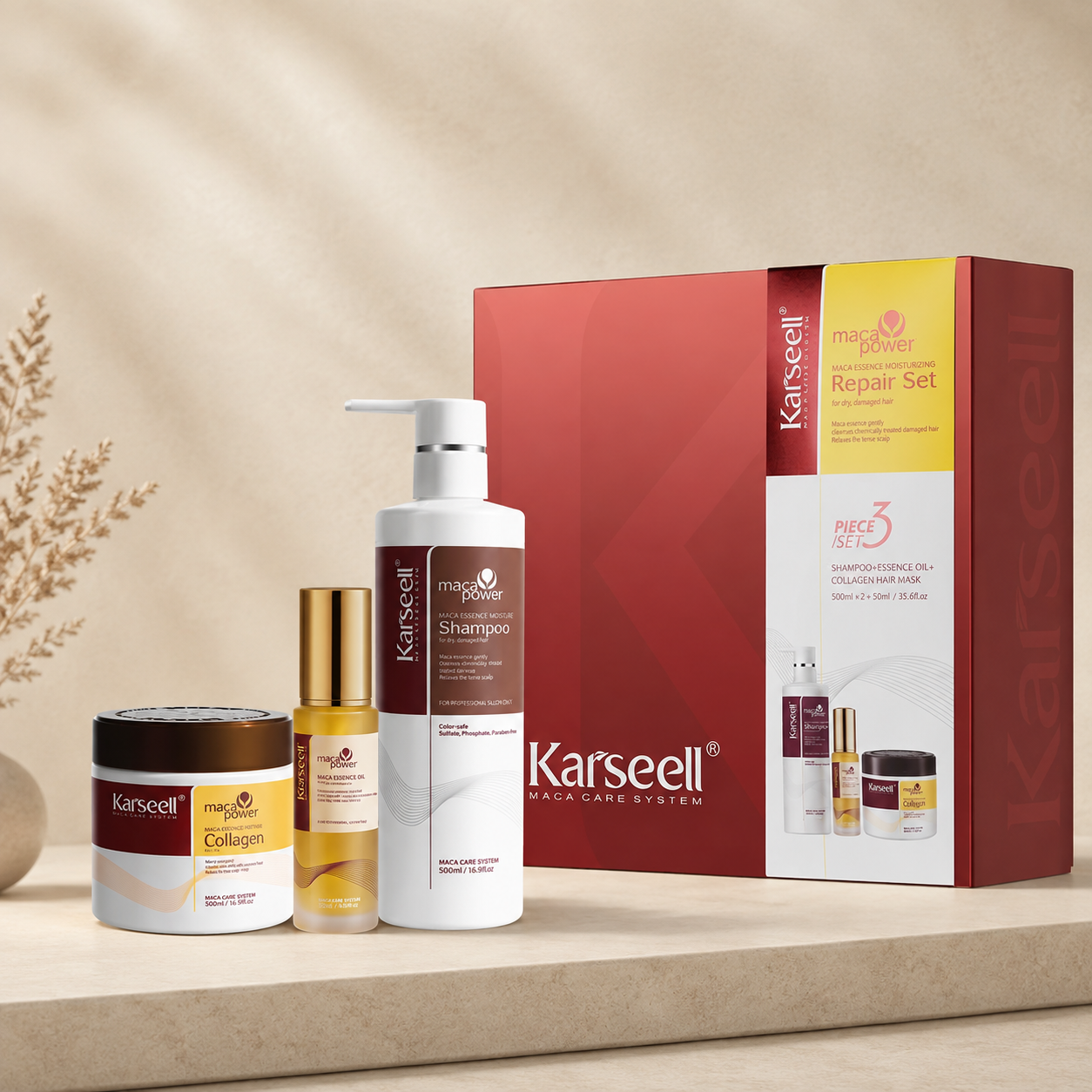 Karseell Maca Power Moisture Shampoo, Collagen Hair Treatment Mask & Essence Oil Repair 3-Piece Set
