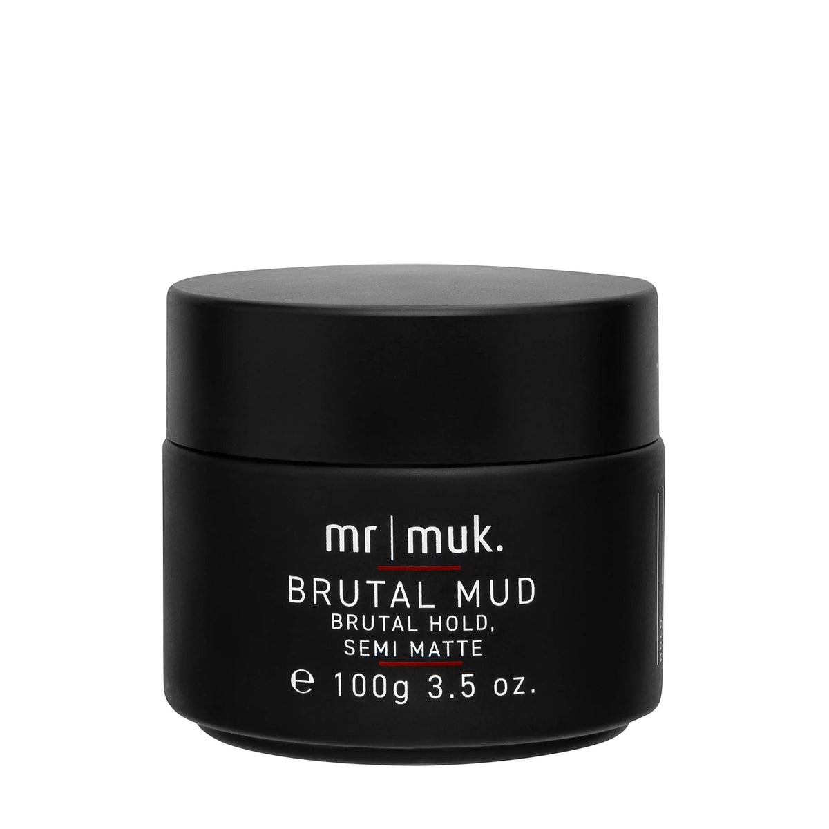 A black jar of Mr. Muk Brutal Mud Semi-Matte hair product, shown against a plain white background.