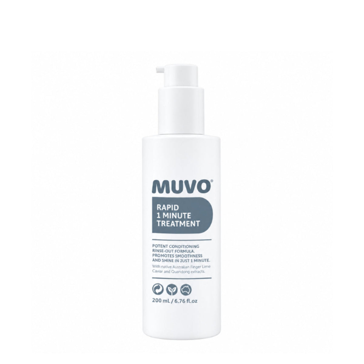 A white pump bottle of MUVO Rapid 1 Minute Treatment 200ml on a solid white background.