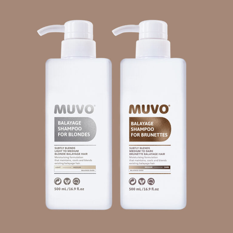 Two MUVO Balayage Shampoo bottles for blondes and brunettes 500ml, shown side by side against a solid taupe background.