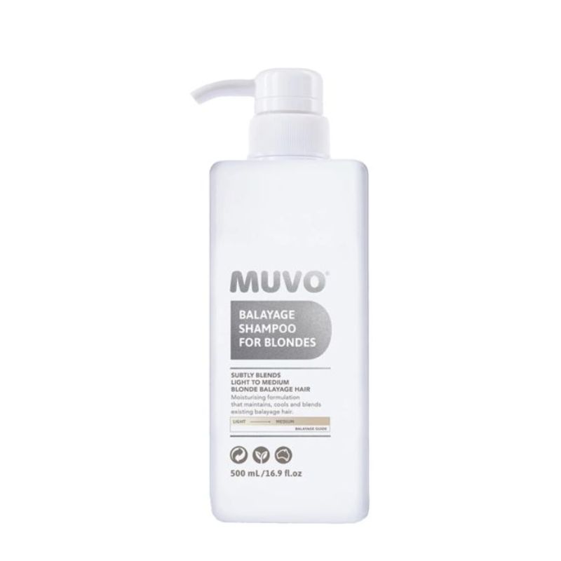 A white bottle of MUVO Balayage Shampoo for Blondes 500ml with a white pump dispenser, shown against a plain white background.