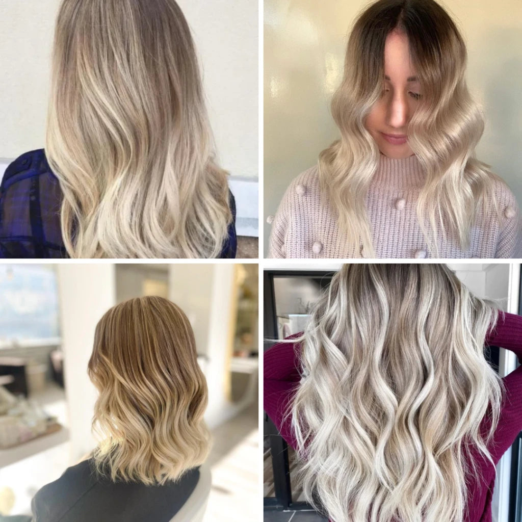 A four-panel collage showing different models of wavy, balayage blonde hair, after using Muvo Balayage Shampoo For Blondes 500ml after hair colour salon service.