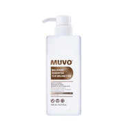 A 500 ml white pump bottle of MUVO Balayage Shampoo for Brunettes, featuring a brown and white label, centered on a plain white background.