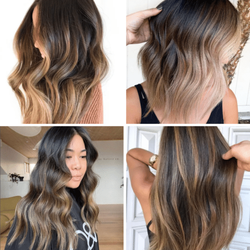 Muvo Balayage Shampoo for Brunettes 500ml – Hair colour collage showcasing rich brunette tones.