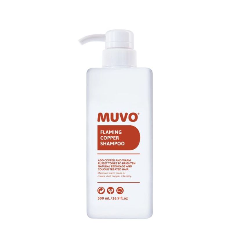 MUVO Flaming Copper Shampoo in a 500 mL white pump bottle with a white cap, featuring a copper-red label on a white background.