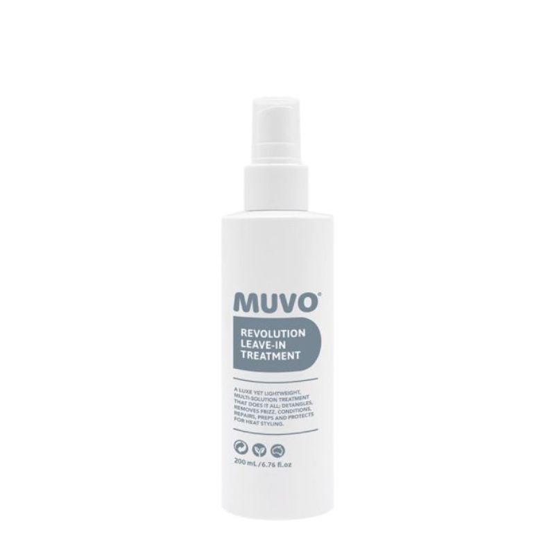 A white plastic spray bottle of MUVO Revolution Leave-In Treatment 200ml with a white cap, centered on a plain white background.