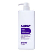 A white plastic pump bottle of MUVO Ultra Blonde Conditioner 1L with a purple label, shown on a plain white background.