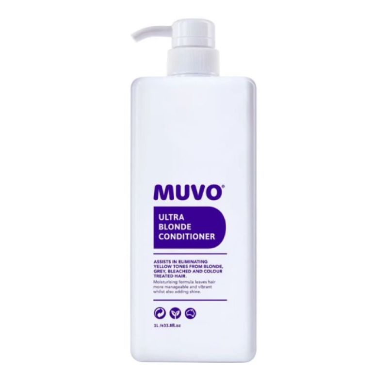 A white plastic pump bottle of MUVO Ultra Blonde Conditioner 1L with a purple label, shown on a plain white background.