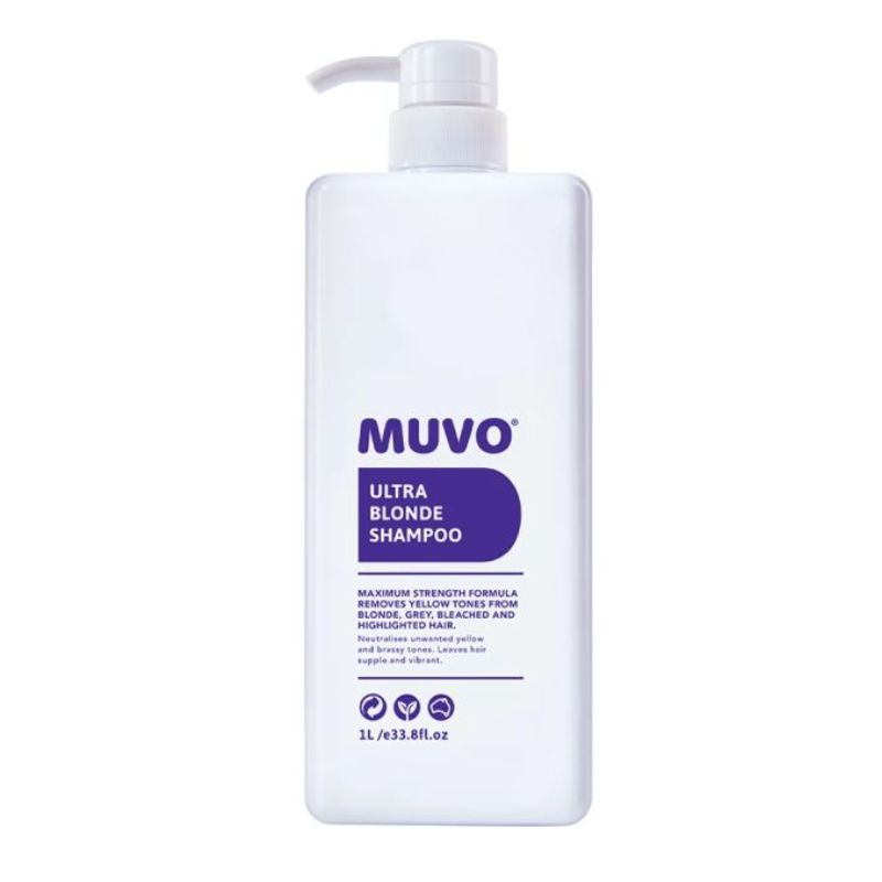 A 500ml white plastic pump bottle of MUVO Ultra Blonde Shampoo against a plain white background.