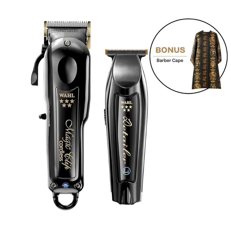 Wahl Professional 5 Star Black Magic Clip & Black Detailer Li Cordless Combo with BONUS Barber Cape