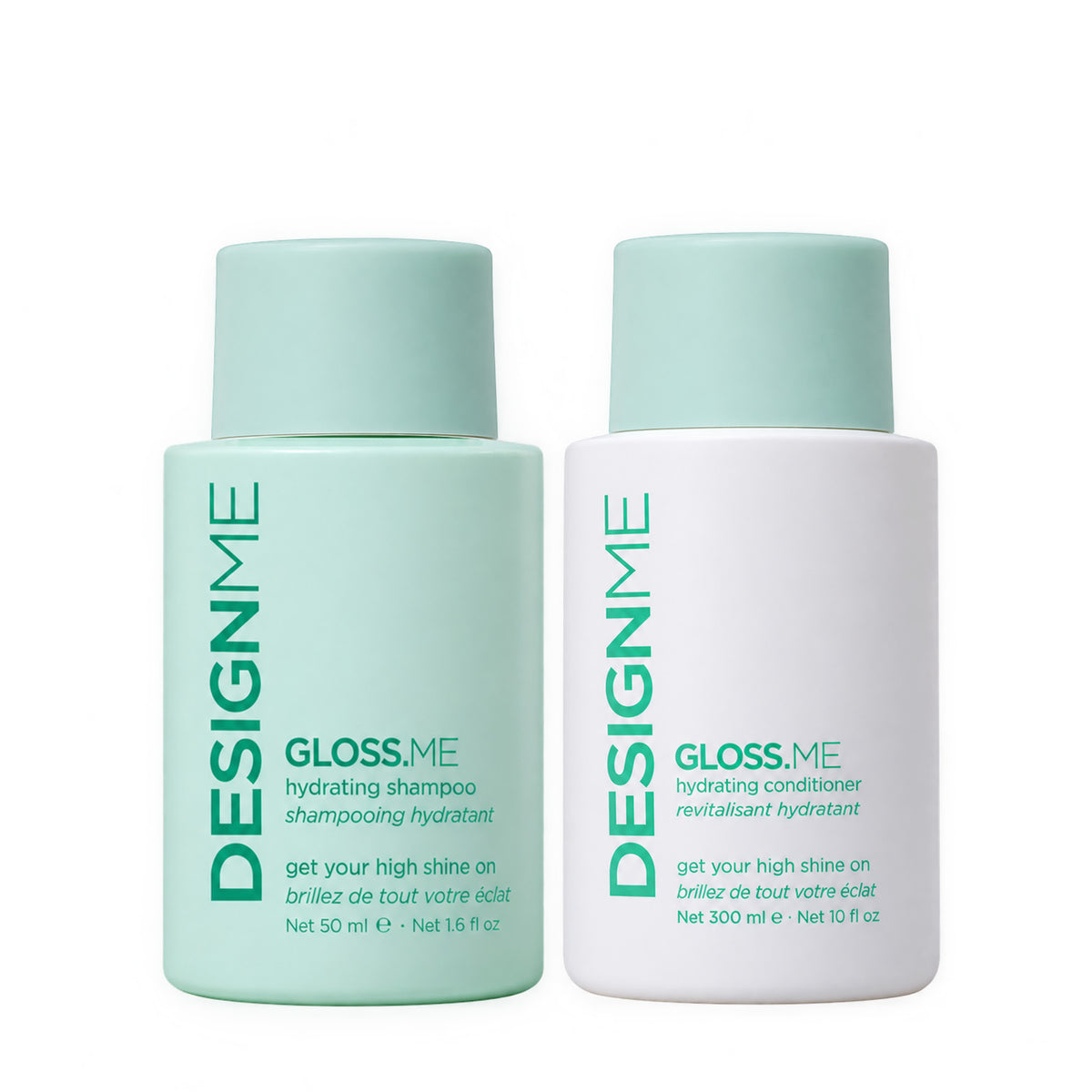 design.me gloss.me hydrating shampoo and conditioner 300ml duo set on white background