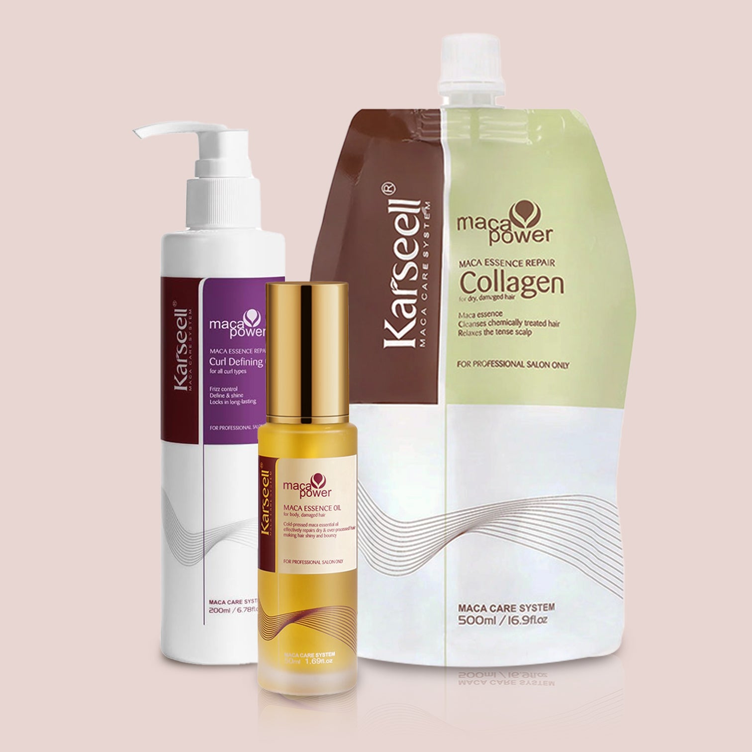 Karseell Maca Power Collagen Hair Treatment Trio Set For Curly Hair (500ml Bag + 50ml Oil + 200ml Curl Defining)