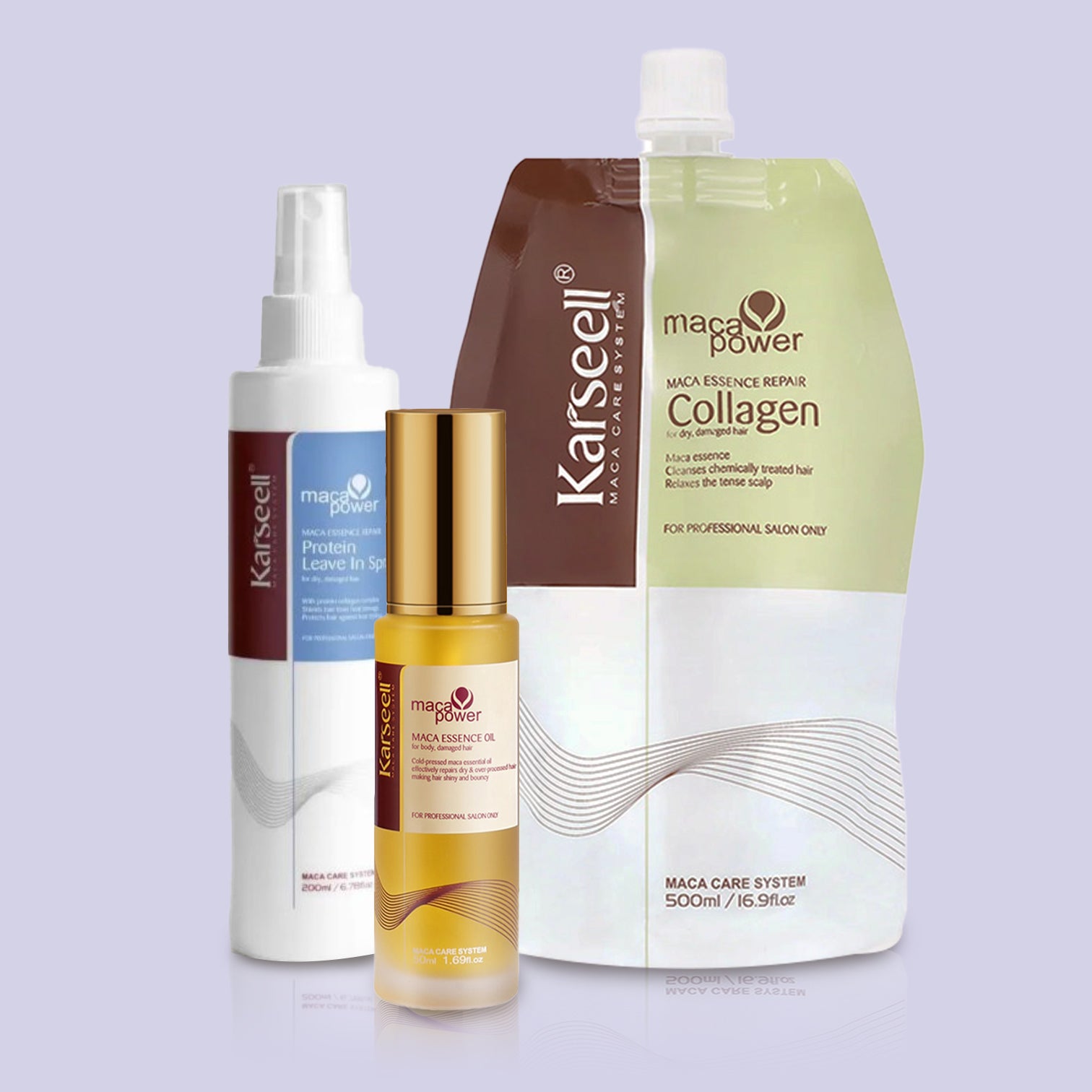 Karseell Maca Power Collagen Hair Treatment Trio Set For Damaged Hair (500ml Bag + 50ml Oil + 200ml Spray)