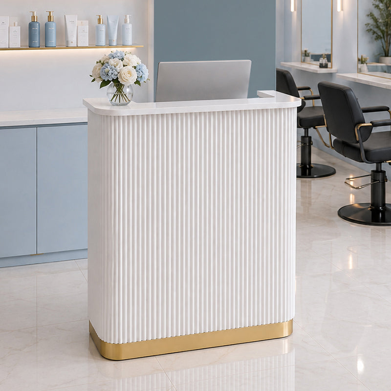 Lux Fluted Reception Desk with Gold Base D08 90CM - White