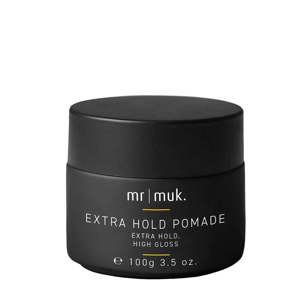 A black jar of Mr. Muk Extra Hold Pomade with white text and small yellow accent lines on a plain white background.