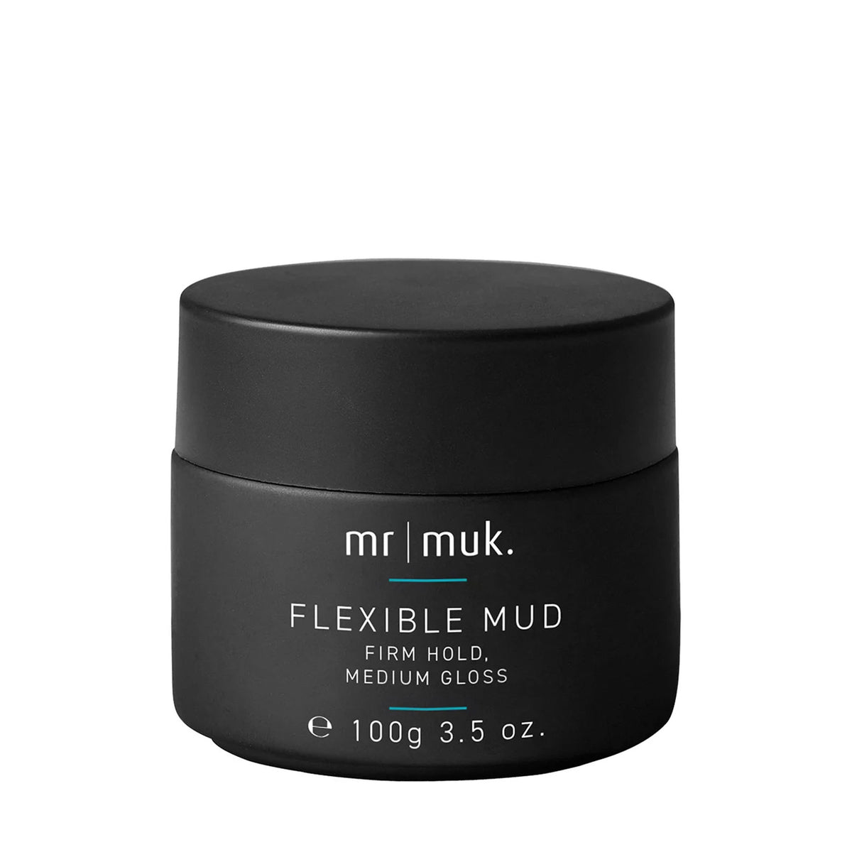 A black cosmetic jar of Mr. Muk Flexible Mud with medium gloss, featuring white text and a small teal accent line on a plain white background.