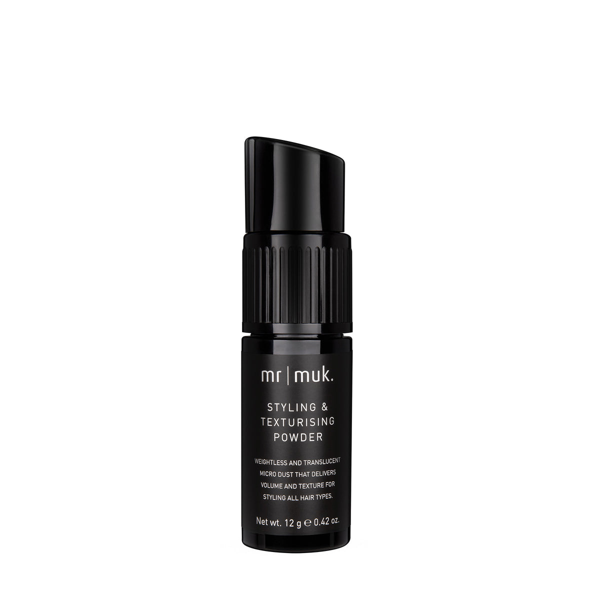 A black bottle of Mr Muk Styling & Texturising Powder hair product, shown against a plain white background.