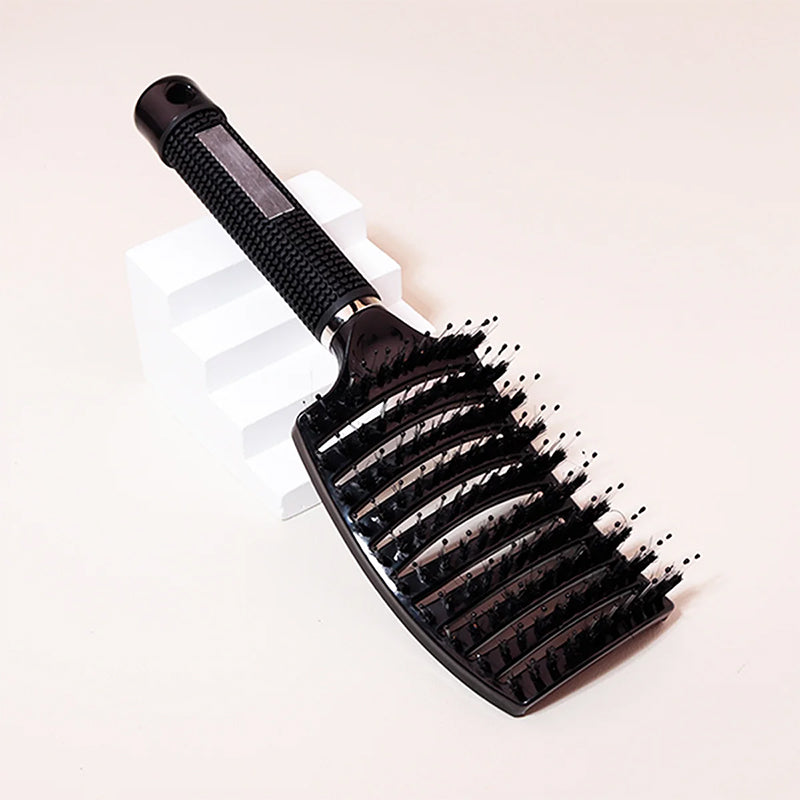 Curvy Vented Boar Bristle Detangling Brush Black